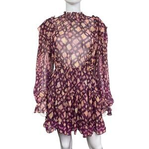 Ulla Johnson Women's 10 Burgundy Silk Vienne Metallic Smocked Mini Dress EUC